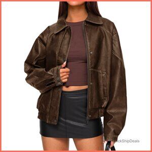 Faux Leather Jacket Women Bomber Motorcycle Zip Up Oversized